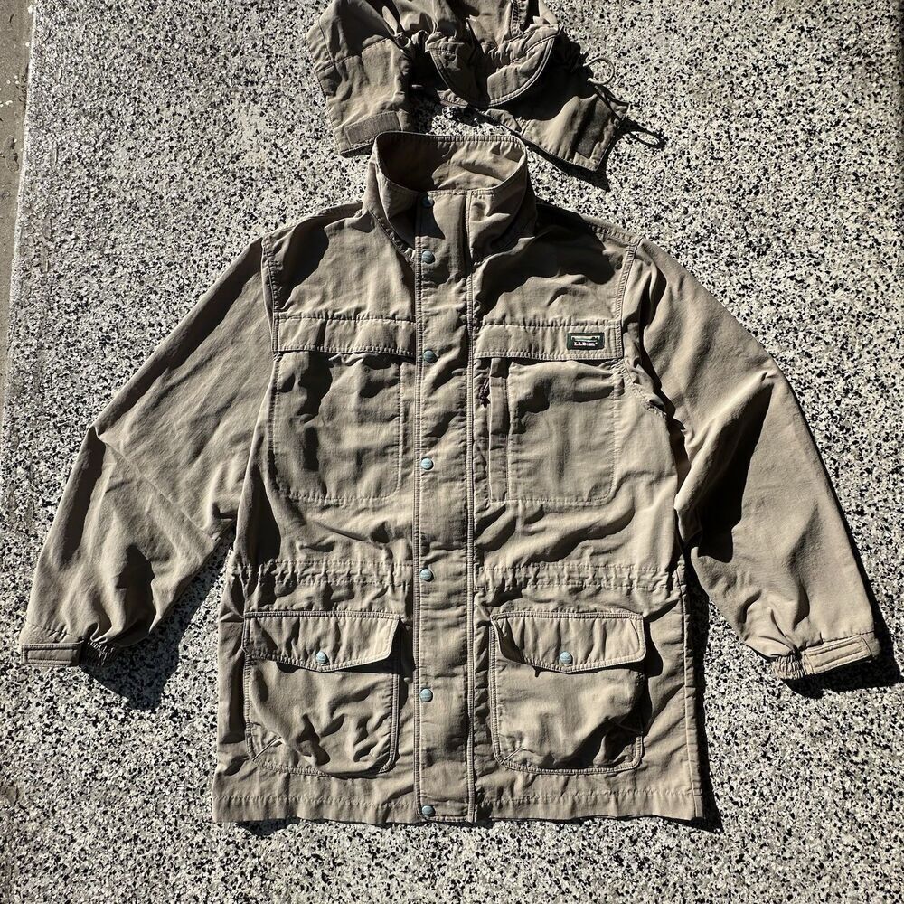 LL Bean Baxter State Parka Jacket Mens L Tall Hooded Full Zip Button Khaki Beige